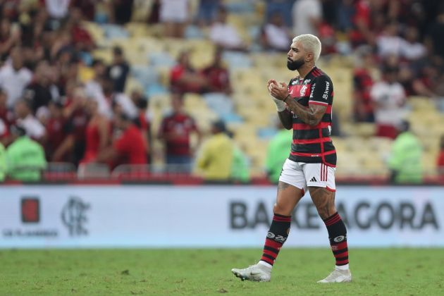 RIO DE JANEIRO, BRAZIL - JULY 11: Gabriel Gabigol Barbosa of Flamengo reacts to fans at the end of the match between Flamengo and Fortaleza as part of Brasileirao 2024 at Maracana Stadium on July 11, 2024 in Rio de Janeiro, Brazil. (Photo by Wagner Meier/Getty Images)