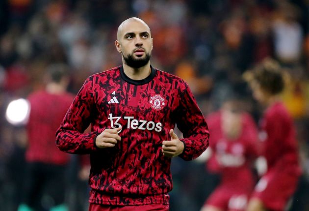 ISTANBUL, TURKEY - NOVEMBER 29: Sofyan Amrabat of Manchester United looks on during the warm up prior to UEFA Champions League match between Galatasaray A.S. and Manchester United at Ali Sami Yen Arena on November 29, 2023 in Istanbul, Turkey. (Photo by Ahmad Mora/Getty Images)