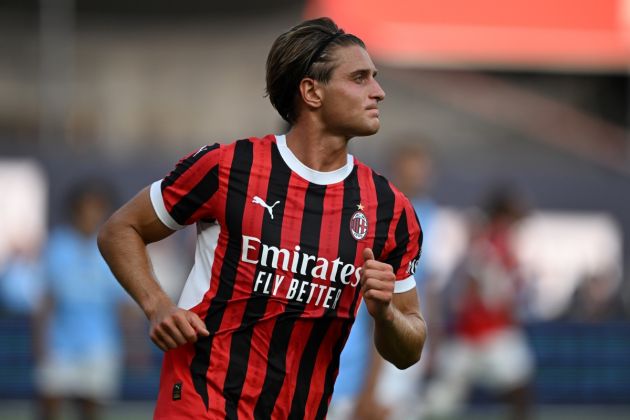 NEW YORK, NEW YORK - JULY 27: Lorenzo Colombo of AC Milan celebrates after scoring the team's first goal during a Pre-Season Friendly match between Manchester City and AC Milan at Yankee Stadium on July 27, 2024 in New York City. (Photo by Drew Hallowell/Getty Images)