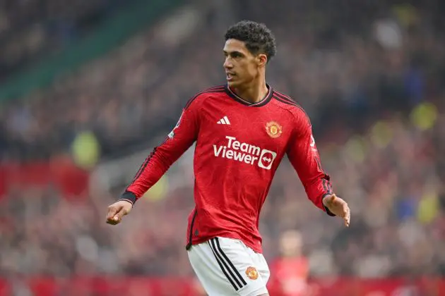 MANCHESTER, ENGLAND - MARCH 09: Como defender Raphael Varane of Manchester United in actio during the Premier League match between Manchester United and Everton FC at Old Trafford on March 09, 2024 in Manchester, England. (Photo by Michael Regan/Getty Images)