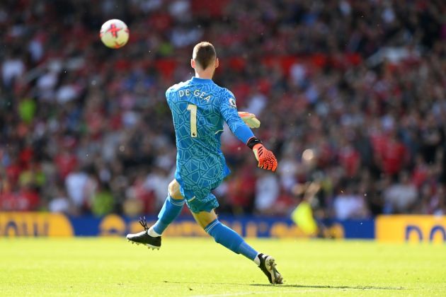 MANCHESTER, ENGLAND - MAY 13: David de Gea of Manchester United takes a goal kick during the Premier League match between Manchester United and Wolverhampton Wanderers at Old Trafford on May 13, 2023 in Manchester, England. (Photo by Michael Regan/Getty Images)