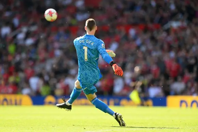 MANCHESTER, ENGLAND - MAY 13: David de Gea of Manchester United takes a goal kick during the Premier League match between Manchester United and Wolverhampton Wanderers at Old Trafford on May 13, 2023 in Manchester, England. (Photo by Michael Regan/Getty Images)