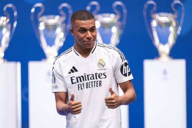 MADRID, SPAIN - JULY 16: Real Madrid new signing, Kylian Mbappe is unveiled at Estadio Santiago Bernabeu on July 16, 2024 in Madrid, Spain. (Photo by David Ramos/Getty Images)