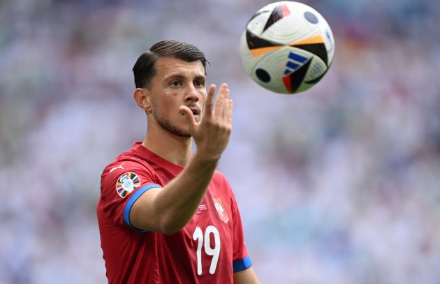 MUNICH, GERMANY - JUNE 20: Lazar Samardzic of Serbia gestures during the UEFA EURO 2024 group stage match between Slovenia and Serbia at Munich Football Arena on June 20, 2024 in Munich, Germany. (Photo by Clive Mason/Getty Images)