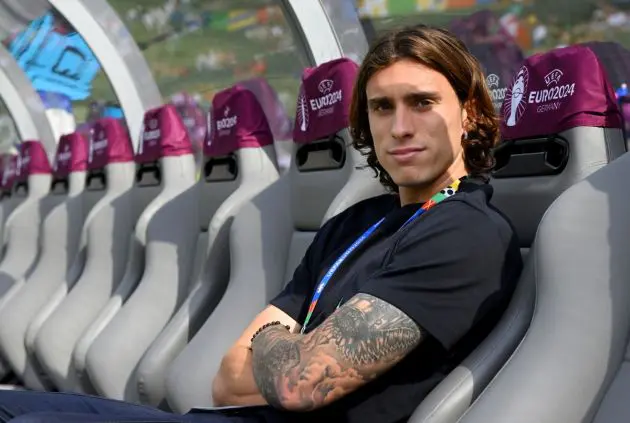 BERLIN, GERMANY - JUNE 29: Riccardo Calafiori of Italy looks on prior to the UEFA EURO 2024 round of 16 match between Switzerland and Italy at Olympiastadion on June 29, 2024 in Berlin, Germany. (Photo by Claudio Villa/Getty Images for FIGC)