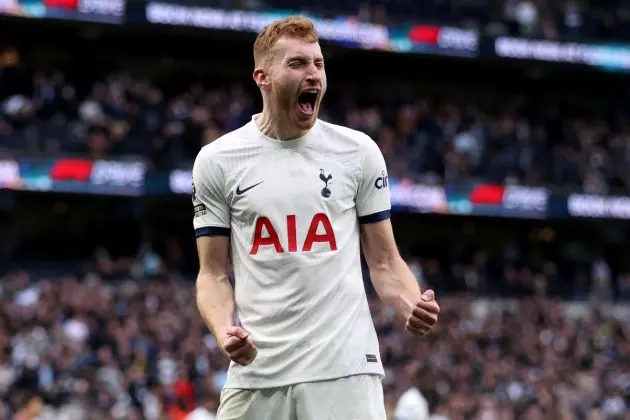 LONDON, ENGLAND - FEBRUARY 17: Dejan Kulusevski of Tottenham Hotspur celebrates scoring his team's first goal during the Premier League match between Tottenham Hotspur and Wolverhampton Wanderers at Tottenham Hotspur Stadium on February 17, 2024 in London, England. (Photo by Alex Pantling/Getty Images)