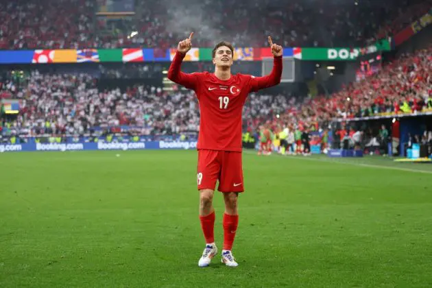 DORTMUND, GERMANY - JUNE 18: Kenan Yildiz of Turkiye celebrates after scoring a goal, which is later disallowed after a offside decision via a VAR Review, during the UEFA EURO 2024 group stage match between Turkiye and Georgia at Football Stadium Dortmund on June 18, 2024 in Dortmund, Germany. (Photo by Lars Baron/Getty Images)