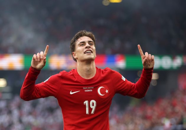 DORTMUND, GERMANY - JUNE 18: Kenan Yildiz of Turkiye celebrates after scoring a goal, which is later disallowed after a offside decision via a VAR Review, during the UEFA EURO 2024 group stage match between Turkiye and Georgia at Football Stadium Dortmund on June 18, 2024 in Dortmund, Germany. (Photo by Lars Baron/Getty Images)