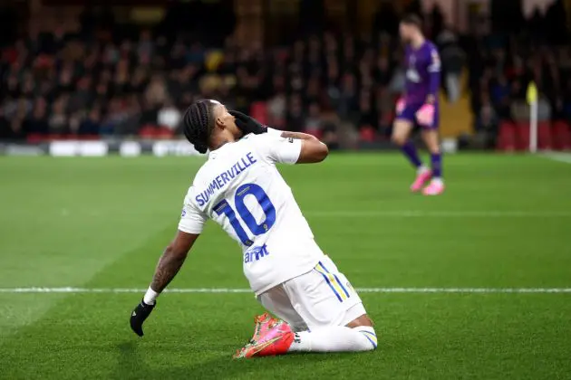 WATFORD, ENGLAND - MARCH 29: Crysencio Summerville of Leeds United celebrates scoring his team's first goal during the Sky Bet Championship match between Watford and Leeds United at Vicarage Road on March 29, 2024 in Watford, England. (Photo by Alex Pantling/Getty Images)