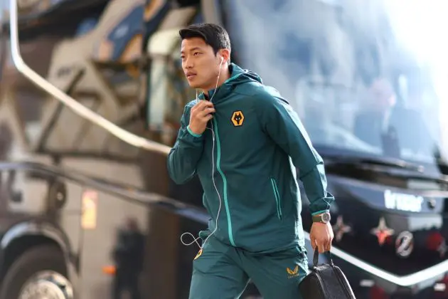 WOLVERHAMPTON, ENGLAND - APRIL 20: Hwang Hee-Chan of Wolverhampton Wanderers arrives at the stadium prior to the Premier League match between Wolverhampton Wanderers and Arsenal FC at Molineux on April 20, 2024 in Wolverhampton, England. (Photo by Naomi Baker/Getty Images)