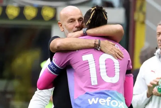 AC Milan’s Rafael Leao celebrates with head coach Stefano Pioli after scoring the 1-0 opening goal during the Italian Serie A soccer match between AC Milan and Hellas Verona in Milan, Italy, 23 September 2023. EPA-EFE/MATTEO BAZZI