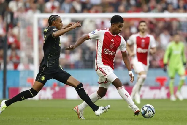 Calvin Stengs of Feyenoord (L) and Milan target Silvano Vos of Ajax (R) in action during the Dutch Eredivisie soccer match between Ajax Amsterdam and Feyenoord Rotterdam in Amsterdam, the Netherlands, 24 September 2023. EPA-EFE/MAURICE VAN STEEN