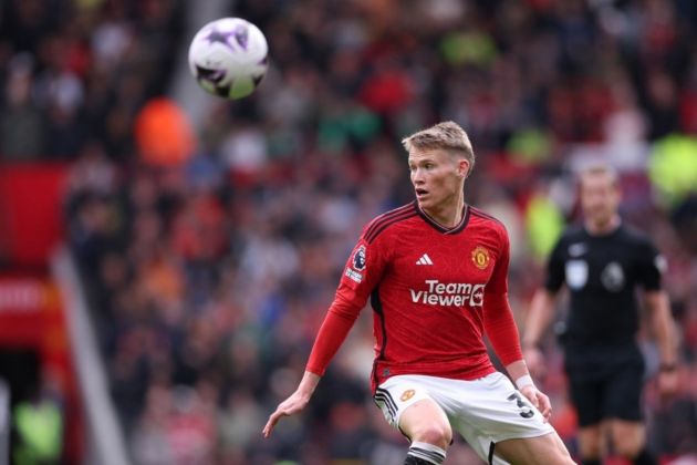 Scott McTominay of Manchester United in action during the English Premier League soccer match between Manchester United and Burnley FC in Manchester, Britain, 27 April 2024. EPA-EFE/ADAM VAUGHAN EDITORIAL USE ONLY. No use with unauthorized audio, video, data, fixture lists, club/league logos or 'live' services. Online in-match use limited to 120 images, no video emulation. No use in betting, games or single club/league/player publications.