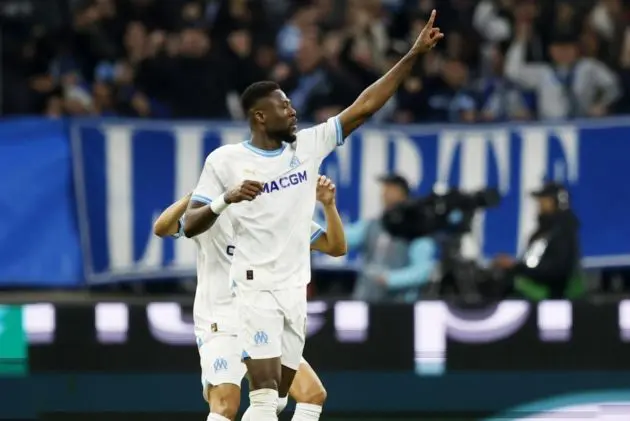 Chancel Mbemba (C) of Marseille celebrates with teammates after scoring the 1-1 equalising goal during the UEFA Europa League semi final, 1st leg match between Olympique Marseille and BC Atalanta in Marseille, France, 02 May 2024. EPA-EFE/GUILLAUME HORCAJUELO (linked with Bologna)