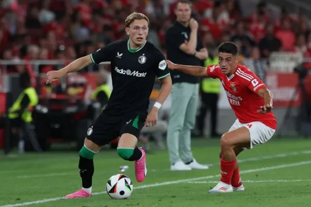 SL Benfica player Tiago Gouveia (R) in action against Feyenoord player Feedback Marcus Pedersen (L) during the Eusebio Cup soccer match between SL Benfica and Feyenoord at Luz stadium in Lisbon, Portugal, 28 July 2024. EPA-EFE/TIAGO PETINGA (Torino Bellanova replacement?)