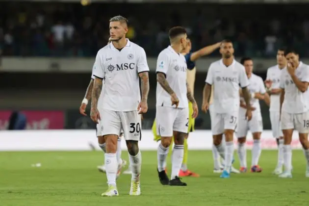 Pasquale Mazzocchi and Napoli players react after their loss in the Italian Serie A soccer match Hellas Verona vs Napoli at the Marcantonio Bentegodi stadium in Verona under Antonio Conte, Italy, 18 August 2024. EPA-EFE/FILIPPO VENEZIA