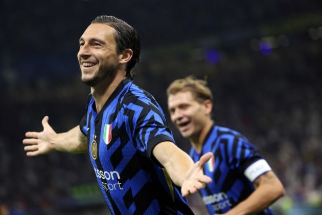 Inter Milan’s Matteo Darmian jubilates after scoring goal of 1-0 during the Italian serie A soccer match between Fc Inter and Lecce at Giuseppe Meazza stadium in Milan, Italy, 24 August 2024. EPA-EFE/MATTEO BAZZI