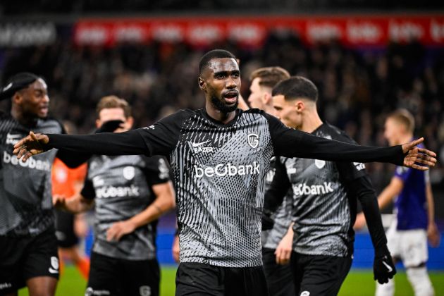 Genk's Gambian forward #22 Alieu Fadera celebrates after scoring a goal during the Belgian "Pro League" First division football match between RSC Anderlecht and KRC Genk, at the Lotto Park in Brussels, on December 23, 2023. (Photo by LAURIE DIEFFEMBACQ / Belga / AFP) / Belgium OUT (Photo by LAURIE DIEFFEMBACQ/Belga/AFP via Getty Images)