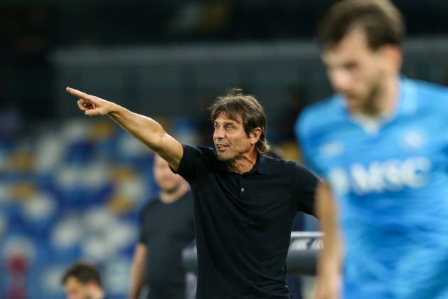 Napoli's Italian head coach Antonio Conte gestures during the Italian Serie A football match SSC Napoli against Bologna FC 1909, at the Diego Armando Maradona Stadium in Naples on August 25, 2024. (Photo by CARLO HERMANN / AFP) (Photo by CARLO HERMANN/AFP via Getty Images)