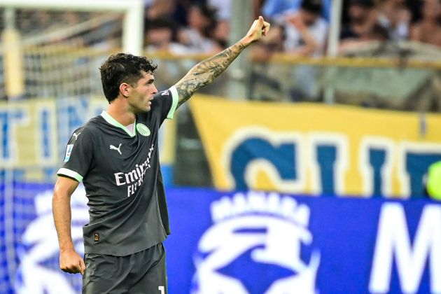 AC Milan's American forward #11 Christian Pulisic celebrates after scoring his team's first goal during the Italian Serie A football match between Parma Calcio 1913 and AC Milan at Ennio-Tardini Stadium in Parma, on August 24, 2024. (Photo by Piero CRUCIATTI / AFP) (Photo by PIERO CRUCIATTI/AFP via Getty Images)