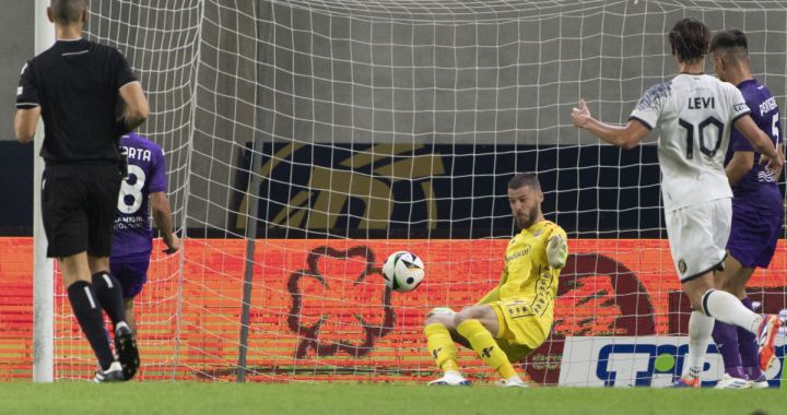 epa11572259 Goalkeeper David de Gea of Fiorentina in action during the UEFA Conference League fouth qualifying round second leg match between Puskas Akademia FC and Fiorentina in Pancho Arena in Felcsut, Hungary, 29 August 2024. EPA-EFE/Zsolt Szigetvary HUNGARY OUT