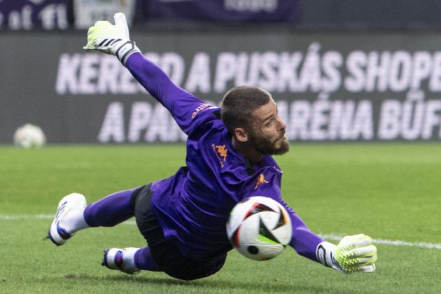 epa11572109 Goalkeeper David de Gea of Fiorentina warms up prior to the UEFA Conference League fouth qualifying round second leg match between Puskas Akademia FC and Fiorentina in Pancho Arena in Felcsut, Hungary, 29 August 2024. EPA-EFE/Zsolt Szigetvary HUNGARY OUT