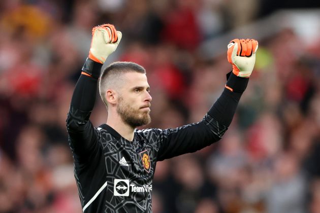 MANCHESTER, ENGLAND - MAY 25: David De Gea of Manchester United celebrates their side's second goal scored by Anthony Martial of Manchester United during the Premier League match between Manchester United and Chelsea FC at Old Trafford on May 25, 2023 in Manchester, England. (Photo by Catherine Ivill/Getty Images)