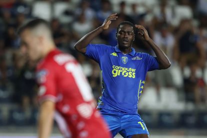 EMPOLI, ITALY - AUGUST 17: Emmanuel Gyasi of Empoli FC reacts during the Serie A match between Empoli and Monza at Stadio Carlo Castellani on August 17, 2024 in Empoli, Italy. (Photo by Gabriele Maltinti/Getty Images)
