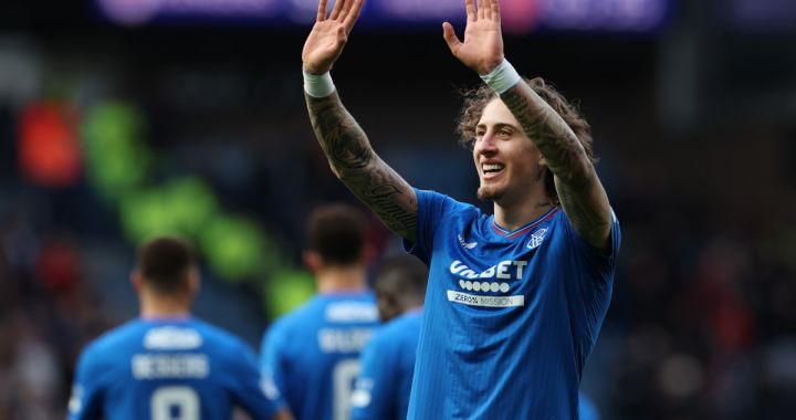 GLASGOW, SCOTLAND - FEBRUARY 24: Fabio Silva of Rangers celebrates after he scores his team's fifth goal during the Cinch Scottish Premiership match between Rangers FC and Heart of Midlothian at Ibrox Stadium on February 24, 2024 in Glasgow, Scotland. (Photo by Ian MacNicol/Getty Images)