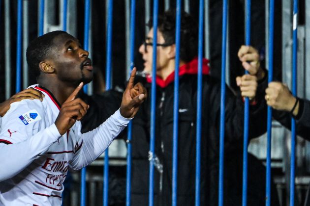 AC Milan's Senegalese defender Fode Ballo-Toure celebrates after scoring during the Italian Serie A football math between Empoli and AC Milan on October 1, 2022 at the Carlo-Castellani stadium in Empoli. (Photo by Alberto PIZZOLI / AFP) (Photo by ALBERTO PIZZOLI/AFP via Getty Images)