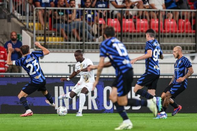 Nicolo Barella, Francesco Acerbi, Alessandro Bastoni and Federico Dimarco of Inter take on Moussa Diaby of Saudi Pro League side Al-Ittihad during a pre-season friendly in Monza (August 7, 2024).