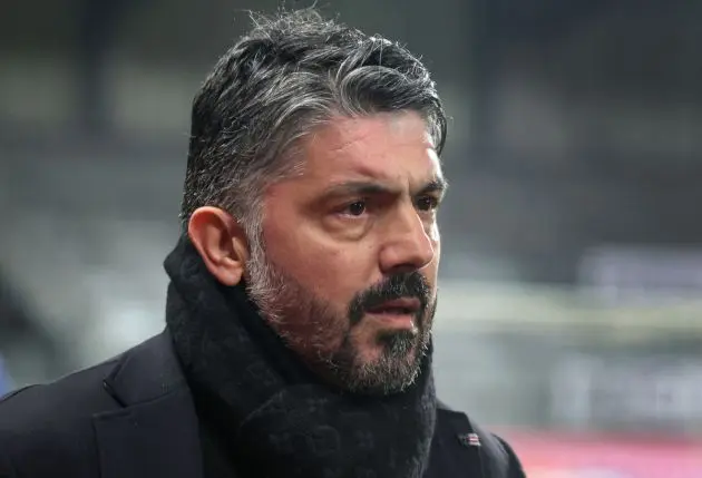 Marseillle's Italian head coach Gennaro Gattuso looks on prior to the French L1 football match between Stade Brestois 29 (Brest) and Olympique de Marseille (OM) at the Francis-Le Ble stadium in Brest, western France, on February 18, 2024. (Photo by FRED TANNEAU / AFP) (Photo by FRED TANNEAU/AFP via Getty Images)