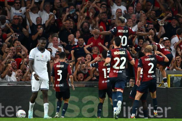 Genoa's Brazilian forward #10 Messias (C-UP) celebrates with teammates after scoring his team's second goal during the Italian Serie A football match between Genoa and Inter Milan at the Luigi Ferraris Stadium in Genoa, on August 17, 2024. (Photo by MARCO BERTORELLO / AFP) (Photo by MARCO BERTORELLO/AFP via Getty Images)