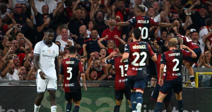 Genoa's Brazilian forward #10 Messias (C-UP) celebrates with teammates after scoring his team's second goal during the Italian Serie A football match between Genoa and Inter Milan at the Luigi Ferraris Stadium in Genoa, on August 17, 2024. (Photo by MARCO BERTORELLO / AFP) (Photo by MARCO BERTORELLO/AFP via Getty Images)