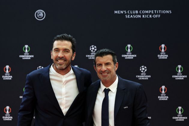 Italy's former goalkeeper Gianluigi Buffon (L) and Portugal's former player Luis Figo pose prior to the draw for the group stage of the 2024-2025 UEFA Champions League football tournament, at the Grimaldi Forum in Monaco on August 29, 2024. (Photo by Valery HACHE / AFP) (Photo by VALERY HACHE/AFP via Getty Images)