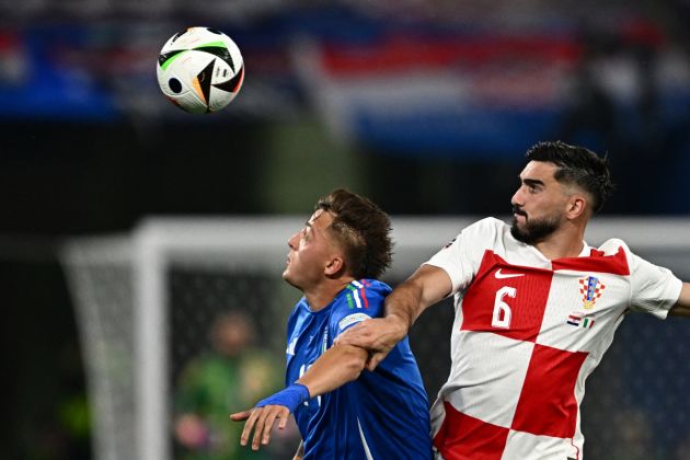 Italy's forward #19 Mateo Retegui (L) fights for the ball with Croatia's defender #06 Josip Sutalo (R) during the UEFA Euro 2024 Group B football match between Croatia and Italy at the Leipzig Stadium in Leipzig on June 24, 2024. (Photo by GABRIEL BOUYS / AFP) (Photo by GABRIEL BOUYS/AFP via Getty Images)