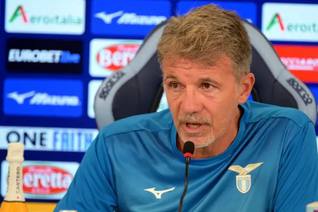 ROME, ITALY - AUGUST 17: SS Lazio head coach Marco Baroni speaks with the media during the press conference at the Formello sport centre on August 17, 2024 in Rome, Italy. (Photo by Marco Rosi - SS Lazio/Getty Images)