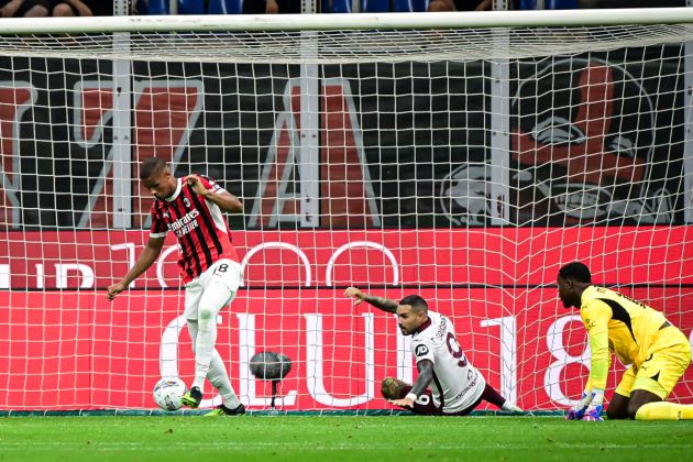 goal-line technology AC Milan's German defender #28 Malick Thiaw scores an own goal during the Italian Serie A football match between AC Milan and Torino at the San Siro Stadium in Milan, on August 17, 2024. (Photo by Piero CRUCIATTI / AFP) (Photo by PIERO CRUCIATTI/AFP via Getty Images)