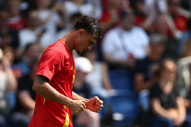 Spain's defender #02 Marc Pubill celebrates after scoring the opening goal during the men's group C football match between Uzbekistan and Spain of the the Paris 2024 Olympic Games at the Parc des Princes in Paris on July 24, 2024. (Photo by FRANCK FIFE / AFP) (Photo by FRANCK FIFE/AFP via Getty Images)