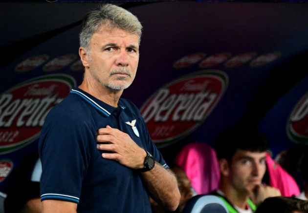 Lazio's Italian head coach Marco Baroni looks on during the Italian Serie A football match between Lazio and Venezia at the Olympic stadium in Rome on August 18, 2024. (Photo by TIZIANA FABI / AFP) (Photo by TIZIANA FABI/AFP via Getty Images)