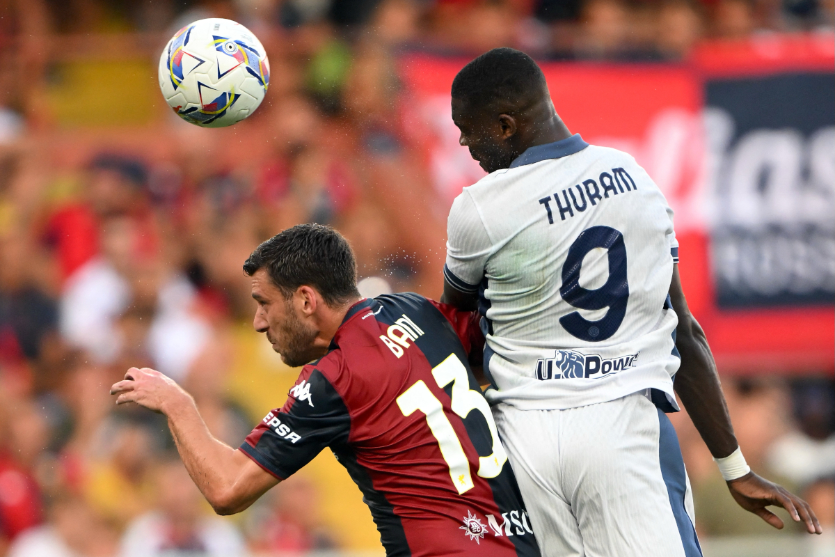 Inter Milan's French forward #09 Marcus Thuram heads the ball to score his team's first goal during the Italian Serie A football match between Genoa and Inter Milan at the Luigi Ferraris Stadium in Genoa, on August 17, 2024. (Photo by MARCO BERTORELLO / AFP) (Photo by MARCO BERTORELLO/AFP via Getty Images)