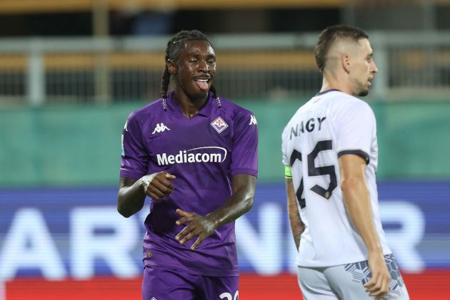 FLORENCE, ITALY - AUGUST 22: Moise Kean of ACF Fiorentina reacts during the UEFA Europa Conference League Play-Off 1st leg match between Fiorentina and Puskas Academy at Stadio Artemio Franchi on August 22, 2024 in Florence, Italy. (Photo by Gabriele Maltinti/Getty Images)