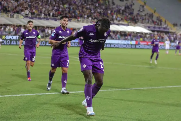 FLORENCE, ITALY - AUGUST 22: Moise Kean of ACF Fiorentina celebrates after scoring a goal during the UEFA Europa Conference League Play-Off 1st leg match between Fiorentina and Puskas Academy at Stadio Artemio Franchi on August 22, 2024 in Florence, Italy. (Photo by Gabriele Maltinti/Getty Images)