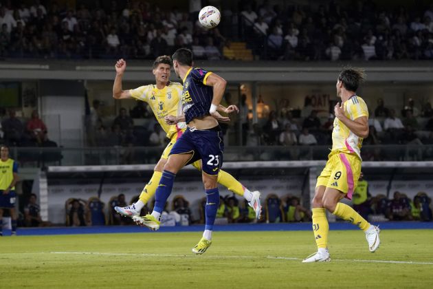 VERONA, ITALY - AUGUST 26: Nicolo Savona of Juventus FC (L) scores his first goal during the Serie match between Hellas Verona and Juventus at Stadio Marcantonio Bentegodi on August 26, 2024 in Verona, Italy. (Photo by Pier Marco Tacca/Getty Images)