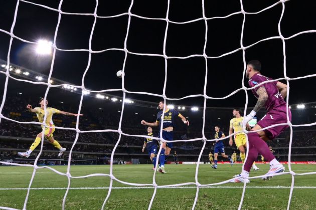 VERONA, ITALY - AUGUST 26: Nicolò Savona of Juventus scores his team's second goal during the Serie match between Hellas Verona and Juventus at Stadio Marcantonio Bentegodi on August 26, 2024 in Verona, Italy. (Photo by Alessandro Sabattini/Getty Images)