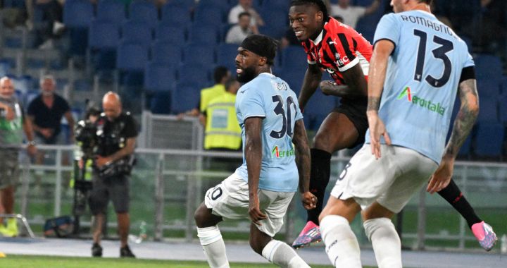 AC Milan's Portuguese forward #10 Rafael Leao (C) shoots his team's second goal during the Italian Serie A football math between Lazio and Milan at the Olympic stadium in Rome on August 31, 2024. (Photo by tiziana fabi / AFP) (Photo by TIZIANA FABI/AFP via Getty Images)