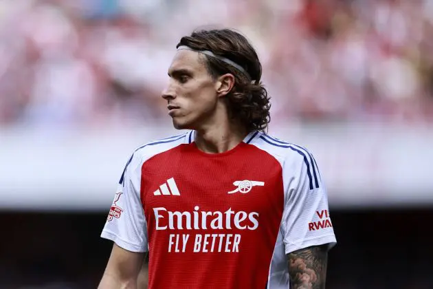 Arsenal's Italian defender #33 Riccardo Calafiori reacts during the pre-season friendly football match for the Emirates Cup final between Arsenal and and Lyon, at the Emirates Stadium in London on August 11, 2024. (Photo by BENJAMIN CREMEL / AFP) (Photo by BENJAMIN CREMEL/AFP via Getty Images)