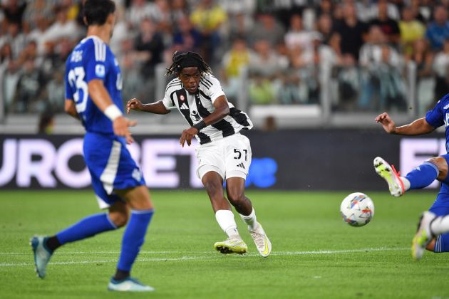 TURIN, ITALY - AUGUST 19: Samuel Mbangula Tshifunda of Juventus scores the opening goal during the Serie A match between Juventus and Como at Allianz Stadium on August 19, 2024 in Turin, Italy. (Photo by Valerio Pennicino/Getty Images)