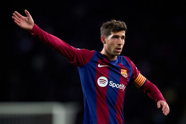 BARCELONA, SPAIN - MARCH 12: Sergi Roberto of FC Barcelona reacts during the UEFA Champions League 2023/24 round of 16 second leg match between FC Barcelona and SSC Napoli at Estadi Olimpic Lluis Companys on March 12, 2024 in Barcelona, Spain. (Photo by Alex Caparros/Getty Images) (Photo by Alex Caparros/Getty Images)