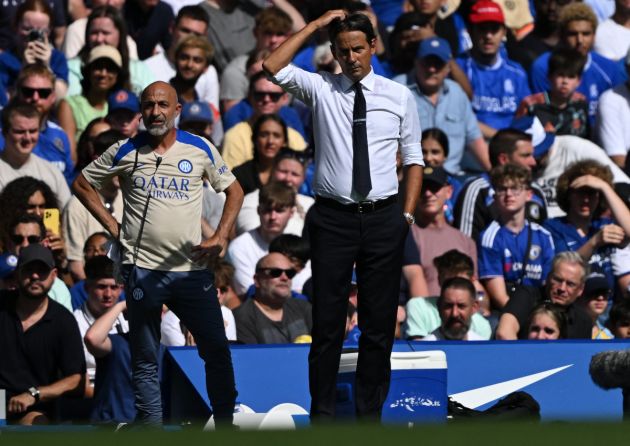 Inter Milan's Italian coach Simone Inzaghi reacts during the pre-season friendly football match between Chelsea and Inter Milan at the Stamford Bridge stadium in London on August 11, 2024. (Photo by JUSTIN TALLIS / AFP) (Photo by JUSTIN TALLIS/AFP via Getty Images)